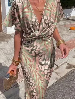 Women's Maxi Dress Semi Formal Dress Wrap Dress Stylish Casual Semi Formal Formal Vacation Party Regular Fit Graphic Short Sleeve V Neck Light Green Summer Spring