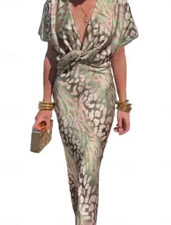 Women's Maxi Dress Semi Formal Dress Wrap Dress Stylish Casual Semi Formal Formal Vacation Party Regular Fit Graphic Short Sleeve V Neck Light Green Summer Spring