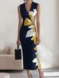 Women's Maxi Dress Sheath Dress Casual Outdoor Going out Regular Fit Floral Sleeveless V Neck Navy Black Summer