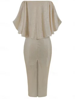 Women's Maxi Dress Sheath Dress Party Cocktail Semi Formal Outdoor Party Wedding Guest Regular Fit Solid Color 3/4 Length Sleeve Off Shoulder Silver Black Champagne Pink Summer