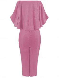 Women's Maxi Dress Sheath Dress Party Cocktail Semi Formal Outdoor Party Wedding Guest Regular Fit Solid Color 3/4 Length Sleeve Off Shoulder Silver Black Champagne Pink Summer