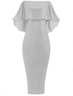 Women's Maxi Dress Sheath Dress Party Cocktail Semi Formal Outdoor Party Wedding Guest Regular Fit Solid Color 3/4 Length Sleeve Off Shoulder Silver Black Champagne Pink Summer