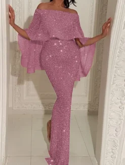 Women's Maxi Dress Sheath Dress Party Cocktail Semi Formal Outdoor Party Wedding Guest Regular Fit Solid Color 3/4 Length Sleeve Off Shoulder Silver Black Champagne Pink Summer