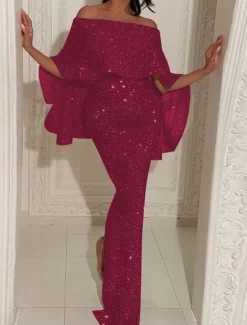 Women's Maxi Dress Sheath Dress Party Cocktail Semi Formal Outdoor Party Wedding Guest Regular Fit Solid Color 3/4 Length Sleeve Off Shoulder Silver Black Champagne Pink Summer