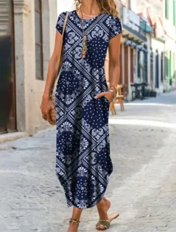 Women's Maxi Dress Shift Dress Geometric Color Block Pocket Split Crew Neck Vintage Daily Date Short Sleeve Summer Spring