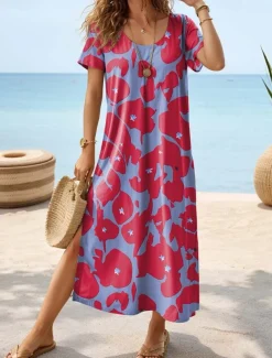 Women's Maxi Dress Sundress Shift Dress Summer Dress Vintage Ethnic Vacation Casual Holiday Regular Fit Floral Short Sleeve Crew Neck Blue Summer