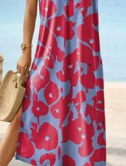 Women's Maxi Dress Sundress Shift Dress Summer Dress Vintage Ethnic Vacation Casual Holiday Regular Fit Floral Short Sleeve Crew Neck Blue Summer