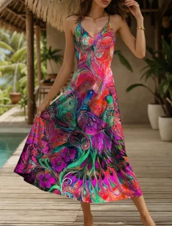 Women's Maxi Dress Sundress A Line Dress Slip Dress Vacation Casual Flowy Beach Regular Fit Floral Graphic Animal Sleeveless V Neck Spaghetti Strap Yellow Red Blue Purple Summer Spring