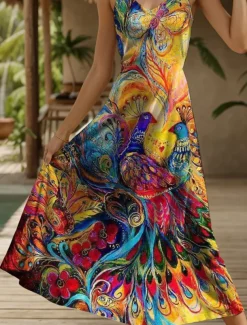 Women's Maxi Dress Sundress A Line Dress Slip Dress Vacation Casual Flowy Beach Regular Fit Floral Graphic Animal Sleeveless V Neck Spaghetti Strap Yellow Red Blue Purple Summer Spring