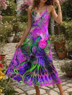 Women's Maxi Dress Sundress A Line Dress Slip Dress Vacation Casual Flowy Beach Regular Fit Floral Graphic Animal Sleeveless V Neck Spaghetti Strap Yellow Red Blue Purple Summer Spring