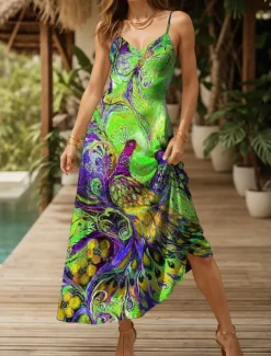 Women's Maxi Dress Sundress A Line Dress Slip Dress Vacation Casual Flowy Beach Regular Fit Floral Graphic Animal Sleeveless V Neck Spaghetti Strap Yellow Red Blue Purple Summer Spring
