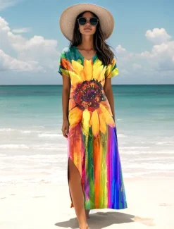 Women's Maxi Dress Sundress A Line Dress Summer Dress Vacation Casual Daily Regular Fit Ombre Floral Graphic Short Sleeve V Neck Green Summer