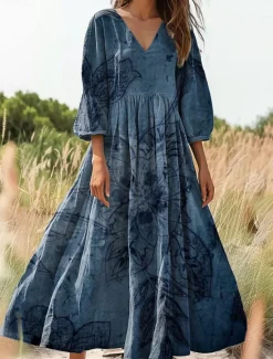 Women's Maxi Dress Sundress A Line Dress Pleated Dress Vacation Casual Boho Going out Loose Fit Floral Graphic 3/4 Length Sleeve V Neck Green Dark Blue