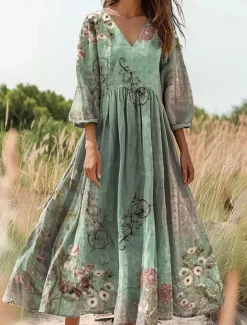 Women's Maxi Dress Sundress A Line Dress Pleated Dress Vacation Casual Boho Going out Loose Fit Floral Graphic 3/4 Length Sleeve V Neck Green Dark Blue