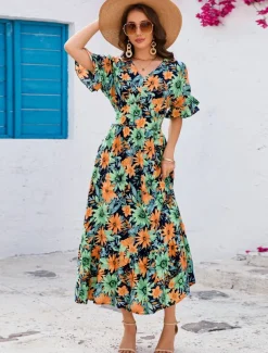 Women's Maxi Dress Sundress A Line Dress Vacation Casual Boho Party Going out Beach Standard Fit Floral Graphic Short Sleeve V Neck color Summer Spring