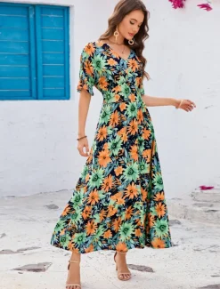 Women's Maxi Dress Sundress A Line Dress Vacation Casual Boho Party Going out Beach Standard Fit Floral Graphic Short Sleeve V Neck color Summer Spring