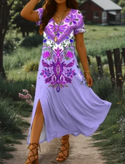 Women's Maxi Dress Sundress A Line Dress Vacation Casual Beach Regular Fit Graphic Tribal Short Sleeve V Neck Pink Blue Purple Green Summer Spring