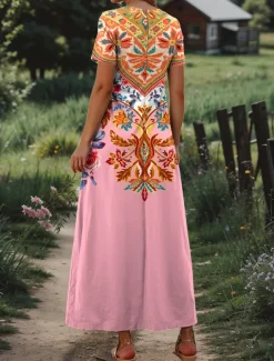 Women's Maxi Dress Sundress A Line Dress Vacation Casual Beach Regular Fit Graphic Tribal Short Sleeve V Neck Pink Blue Purple Green Summer Spring