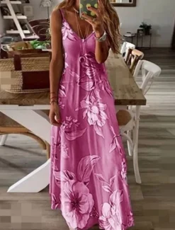 Women's Maxi Dress Sundress A Line Dress Floral Dress Fashion Modern Casual Vacation Casual Daily Regular Fit Floral Sleeveless V Neck Pink Blue Purple Fuchsia Summer Spring