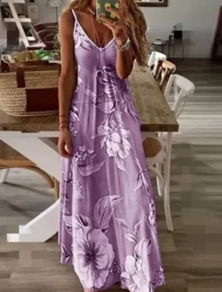 Women's Maxi Dress Sundress A Line Dress Floral Dress Fashion Modern Casual Vacation Casual Daily Regular Fit Floral Sleeveless V Neck Pink Blue Purple Fuchsia Summer Spring