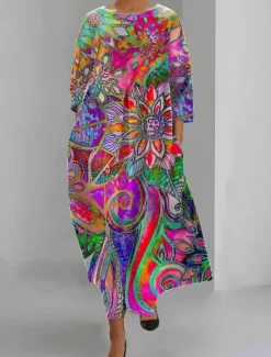 Women's Maxi Dress Sundress A Line Dress Summer Dress Vacation Casual Beach Daily Holiday Going out Loose Fit Graphic Geometric Linen Like Short Sleeve Crew Neck Boat Neck Dark Brown Light Brown