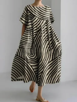 Women's Maxi Dress Sundress A Line Dress Summer Dress Vacation Casual Beach Daily Holiday Going out Loose Fit Graphic Geometric Linen Like Short Sleeve Crew Neck Boat Neck Dark Brown Light Brown