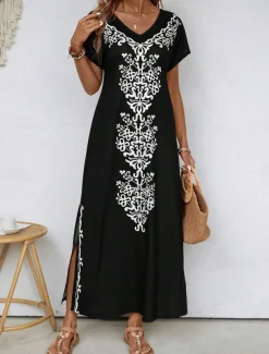 Women's Maxi Dress Sundress Shift Dress A Line Dress Ethnic Casual Drop Shoulder Daily Loose Fit Graphic Short Sleeve V Neck Black Summer