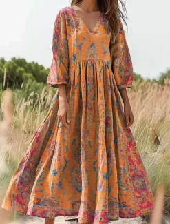 Women's Maxi Dress Sundress A Line Dress Pleated Dress Vacation Casual Boho Daily Holiday Going out Loose Fit Floral Graphic 3/4 Length Sleeve V Neck Yellow Purple Orange