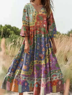 Women's Maxi Dress Sundress A Line Dress Pleated Dress Vacation Casual Boho Daily Holiday Going out Loose Fit Floral Graphic 3/4 Length Sleeve V Neck Yellow Purple Orange