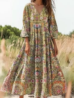 Women's Maxi Dress Sundress A Line Dress Pleated Dress Vacation Casual Boho Daily Holiday Going out Loose Fit Floral Graphic 3/4 Length Sleeve V Neck Yellow Purple Orange