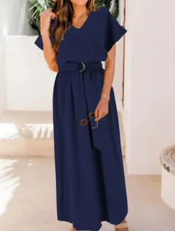 Women's Maxi Dress Swing Dress Elegant Dress Elegant Stylish Casual Vacation Daily Loose Fit Plain Short Sleeve V Neck Black Pink Navy Blue Summer