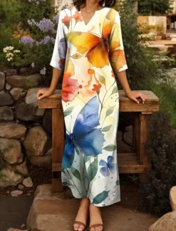 Women's Maxi Dress T Shirt Dress Tee Dress Shift Dress Vacation Casual Boho Outdoor Going out Regular Fit Ombre Animal Tribal Half Sleeve V Neck Yellow Summer Spring