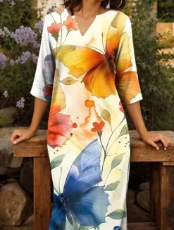 Women's Maxi Dress T Shirt Dress Tee Dress Shift Dress Vacation Casual Boho Outdoor Going out Regular Fit Ombre Animal Tribal Half Sleeve V Neck Yellow Summer Spring