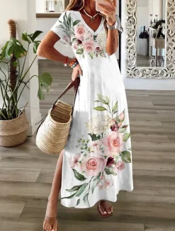 Women's Maxi Dress T Shirt Dress Tee Dress Sundress Shift Dress Summer Dress Bohemia Party Holiday Beach Regular Fit Floral Vintage Short Sleeve Crew Neck White Summer Spring