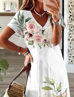 Women's Maxi Dress T Shirt Dress Tee Dress Sundress Shift Dress Summer Dress Bohemia Party Holiday Beach Regular Fit Floral Vintage Short Sleeve Crew Neck White Summer Spring