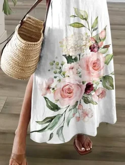 Women's Maxi Dress T Shirt Dress Tee Dress Sundress Shift Dress Summer Dress Bohemia Party Holiday Beach Regular Fit Floral Vintage Short Sleeve Crew Neck White Summer Spring