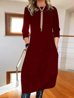 Women's Maxi Dress T Shirt Dress Tee Dress Stylish Casual Vacation Daily Regular Fit Plain Long Sleeve Crew Neck Black White Red Navy Blue Spring Fall