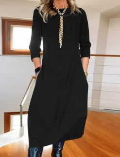 Women's Maxi Dress T Shirt Dress Tee Dress Stylish Casual Vacation Daily Regular Fit Plain Long Sleeve Crew Neck Black White Red Navy Blue Spring Fall