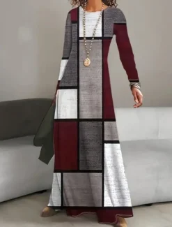 Women's Maxi Dress T Shirt Dress Tee Dress A Line Dress Summer Dress Vacation Casual Beach Daily Regular Fit Graphic Geometric Abstract Long Sleeve Crew Neck Wine Spring Fall Winter