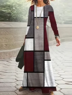 Women's Maxi Dress T Shirt Dress Tee Dress A Line Dress Summer Dress Vacation Casual Beach Daily Regular Fit Graphic Geometric Abstract Long Sleeve Crew Neck Wine Spring Fall Winter