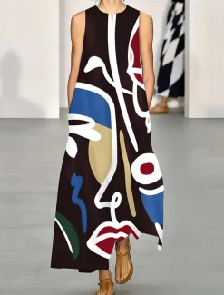 Women's Maxi Dress Tank Dress Vacation Vintage Stylish Vacation Loose Fit Geometric Vintage Ethnic Sleeveless Split Neck Black Summer