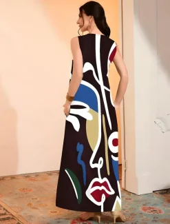 Women's Maxi Dress Tank Dress Vacation Vintage Stylish Vacation Loose Fit Geometric Vintage Ethnic Sleeveless Split Neck Black Summer