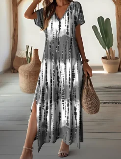 Women's Maxi Dress V-Neck Tie-Dye Print Blue Green White Side Slit Casual Beach Summer Flowy Comfortable Versatile Short Sleeve Sizes Available Fashion