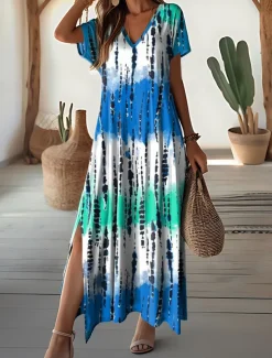 Women's Maxi Dress V-Neck Tie-Dye Print Blue Green White Side Slit Casual Beach Summer Flowy Comfortable Versatile Short Sleeve Sizes Available Fashion
