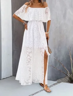 Women's Maxi Dress White Dress A Line Dress Elegant Ruffle Sleeve Wedding Guest Cocktail Party Loose Fit Solid Color Plain Short Sleeve Off Shoulder White Apricot Summer