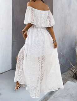 Women's Maxi Dress White Dress A Line Dress Elegant Ruffle Sleeve Wedding Guest Cocktail Party Loose Fit Solid Color Plain Short Sleeve Off Shoulder White Apricot Summer
