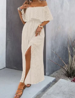 Women's Maxi Dress White Dress A Line Dress Elegant Ruffle Sleeve Wedding Guest Cocktail Party Loose Fit Solid Color Plain Short Sleeve Off Shoulder White Apricot Summer