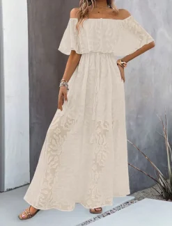 Women's Maxi Dress White Dress A Line Dress Elegant Ruffle Sleeve Wedding Guest Cocktail Party Loose Fit Solid Color Plain Short Sleeve Off Shoulder White Apricot Summer