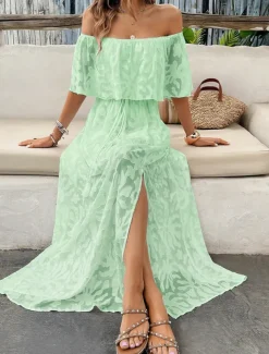 Women's Maxi Dress White Dress A Line Dress Elegant Ruffle Sleeve Wedding Guest Cocktail Party Loose Fit Solid Color Plain Short Sleeve Off Shoulder White Apricot Summer