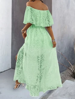 Women's Maxi Dress White Dress A Line Dress Elegant Ruffle Sleeve Wedding Guest Cocktail Party Loose Fit Solid Color Plain Short Sleeve Off Shoulder White Apricot Summer